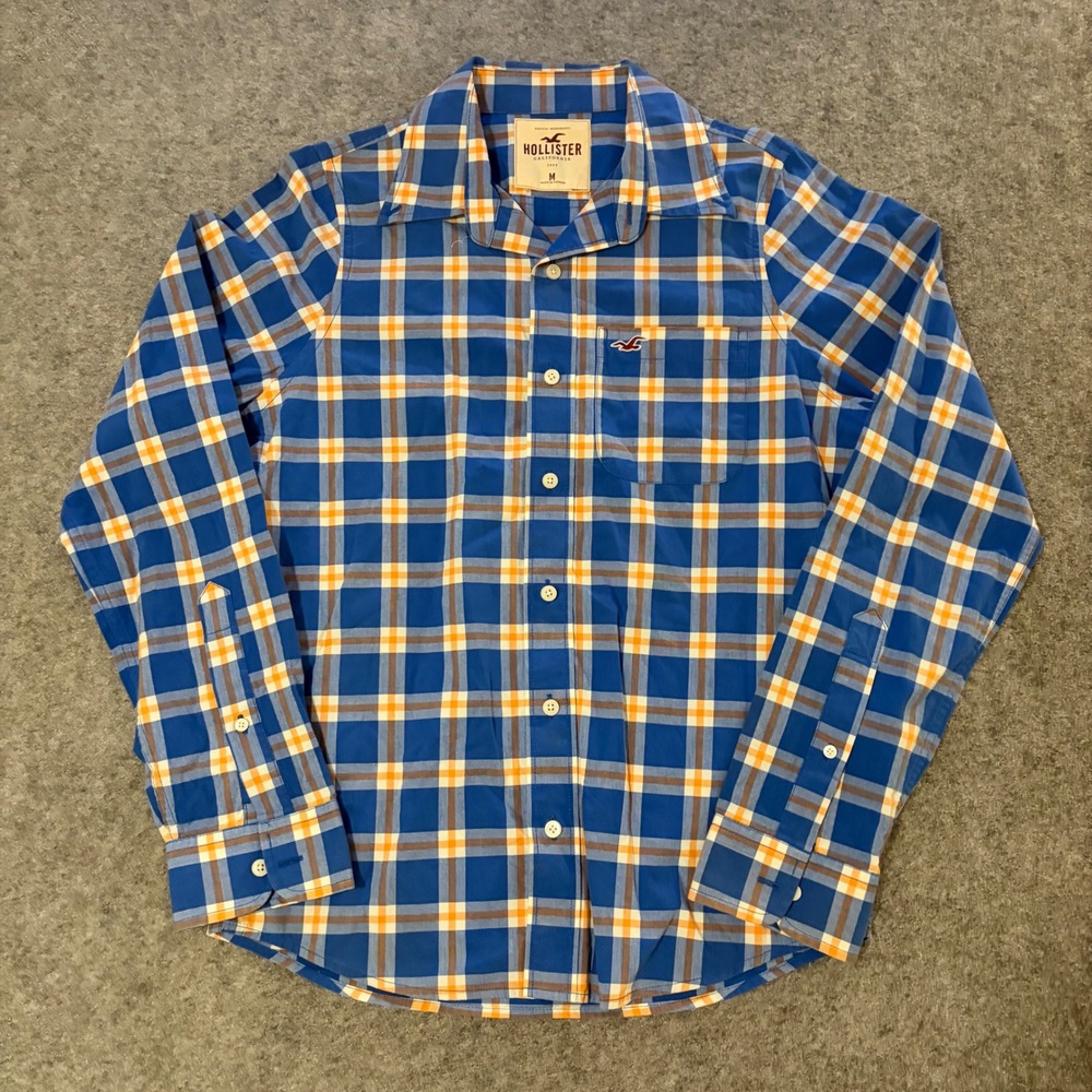 Hollister Button Up Shirt Mens Medium Blue Orange Plaid Long‎ Sleeve Y2K Casual